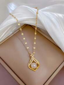 GCGIGUI 1 pieza Collar con colgante de perla de princesa sirena, collar de acero inoxidable ajustable, collar de strass con suerte, regalo de cumpleaños/Día de San Valentín para mujeres, longitud máxima ajustable 44cm/17.34in - Dorado - Ver 5