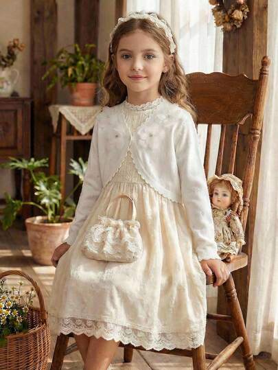 Girls' Spring & Summer White 3D Floral Casual Knit Sweater, Embroidered Hollow-Out Long Sleeve Cropped Air Conditioning Cardigan, Lightweight Sheer Shrug