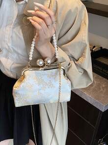 Bolso de mano con decoración de perlas con patrón geométrico y de graffiti aleatorio, elegante bolso de moda para fiesta y compras - Beis - Ver 6