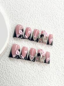 10Pcs Passionate And Free-Spirited Polygel Nail Set,Acrylic Press-On Nails,Pink 3D Lips, Lollipop, Camellia Nail Art Accessories,Silver Butterfly, Openwork Heart,Black Camellia,Pink Lip Print Nail Art Decoration, Black French Manicure With Decorative Edges,Transparent Round Diamonds,Comes With Nail Tools(1 Sheets Jelly Stickers+1PC Nail File)3 Sizes Available,Almond Nails, Duck Nails,Coffin Nails,Suitable For Daily, Reunion,Party,Photograph,Play,Spring Summer,Commute Supplies Nails,Great Gift For Ladies And Girls Press On Nails - 彩色 - 查看 12