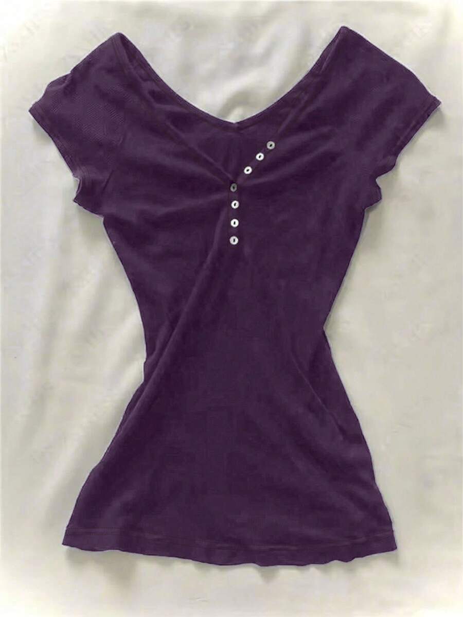 朋克风女式复古纯色休闲街头风短袖纽扣褶皱时尚上衣，甜美少女原宿Y2K夏季T恤