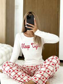 两件套女士圆领印花长袖上衣+直筒弹力腰裤可爱睡衣套装 - 粉色 - 查看 4