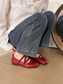女士芭蕾舞缎带舒适平底套脚圆头鞋，红色、黑色、米色可选，时尚优雅，可搭配连衣裙，夏季平底乐福鞋 - 紅色 - 查看 3