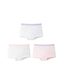 Annil [3A Antibacterial] 3-Pack Girls' Pure Cotton Crotch Panties - Cloud-Like Soft And Breathable Boxer Briefs For Medium And Large Children - Combination 02 (White With Purple Flowers + Porcelain Pink + Off-white) - View 8