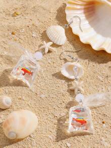 2 pares de pendientes colgantes con estrella de mar y conchas de playa, pendientes con pez dorado en bolsa, joyería de resina con diseño oceánico para mujeres - Plateado - Ver 3