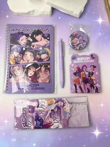 Juego de papelería de alta gama del popular anime coreano The Witcher: Juego de papelería de estudiante con dibujos animados premium, que incluye un juego de reglas (cuatro reglas con marcas claras) - Conjunto morado - Ver 3