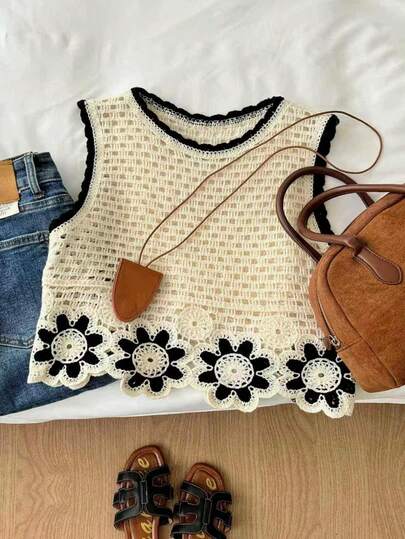 Áo tank top dệt kim móc kiểu Boho dành cho nữ, áo vest len không tay phối màu tương phản với họa tiết hoa, áo khoác ngoài đi biển khoét lỗ thoải mái cho mùa xuân hè thu, trang phục dự tiệc nghỉ mát.