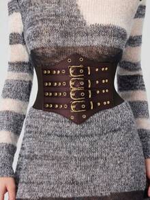 1pc Women's Street Style Brown Metal Buckle Sexy Slimming Adjustable Wide Waist Belt, Suitable For Dresses, Sweaters, Casual Outfits - Brown - View 2