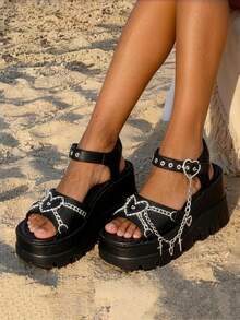 Y2K Style New Spring/Summer Slope Heel Thick Bottom Women's Fashion Sandals Slippers Comfortable Casual Shoes Women's Gothic Style Cross Chain Detail Platform Sandals - màu đen - Xem 7