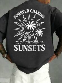 Fractyr 男士时尚休闲度假街头风宽松短袖T恤 | 简约椰子树和太阳字母印花 | 精致设计 | 夏季必备 | 百搭易穿，展现您的个人风格。 - 深灰色 - 查看 2