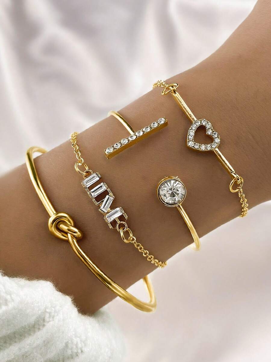 4件套奢华金属水钻心形链手链及手镯套装，时尚简约优雅个性化高端设计珠宝配饰 - 金黃色 - 查看 1
