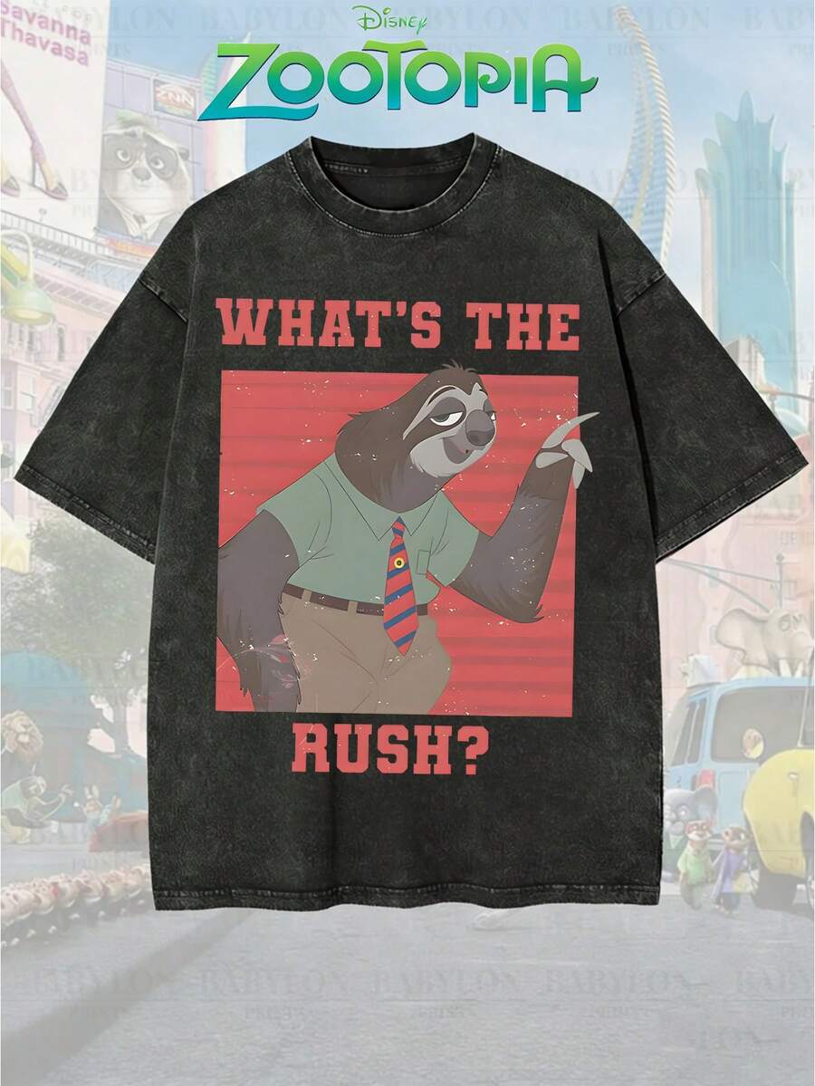 Disney Official Licensed Zootopia Flash What's The Rush Print Vintage Wash 230g Cotton Crew Neck Unisex Tee - 黑色 - 查看 1