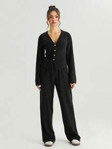 KATCH ME Women's Solid Color V-Neck Long Sleeve Button Tailored Top & Wide Leg Trousers Set, Cozy Two Piece Outfits For Fall & Winter - Black - View 4