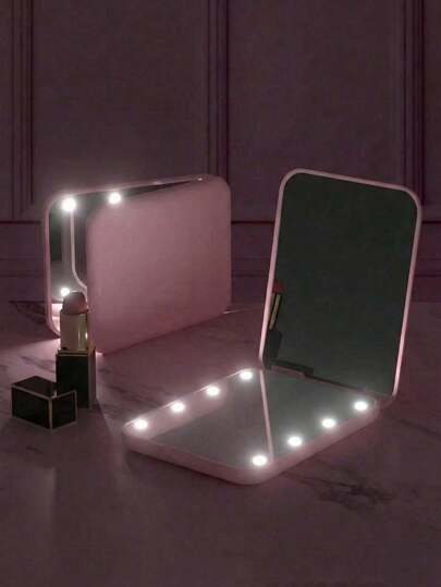 便携式LED化妆镜，320mAh USB充电桌面LED旅行化妆镜，可折叠，适合梳妆台或宿舍使用，三种照明模式 - 白光、自然光、暖光，亮度可调，USB充电，适用于宿舍、旅行、化妆、办公室、卧室 - 是送给家人和朋友的完美圣诞节和万圣节礼物