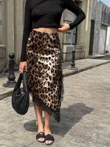 Women's Spring/Summer Sexy Leopard Print Satin Skirt, Asymmetric Lace Trim, Bohemian Style Suitable For Brunch, Casual Party, Daily Wear, Street Date - Khaki - View 3