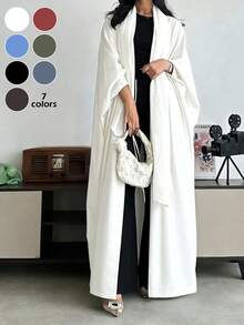 Solid Color Oversized Long Cardigan Robe, Minimalist Batwing Sleeve Open Front Long Robe Outerwear, Conservative Style Daily Wear Versatile Abaya (Excluding Scarf) Spring White - White - View 1