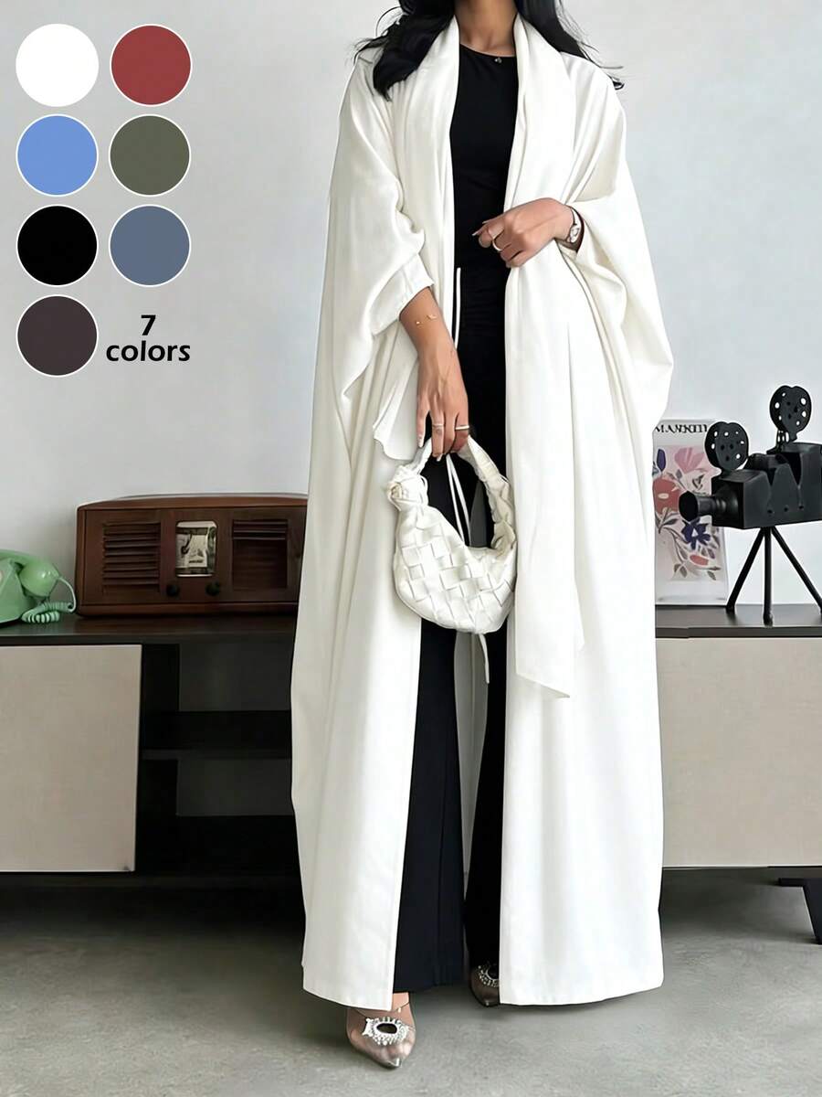 Solid Color Oversized Long Cardigan Robe, Minimalist Batwing Sleeve Open Front Long Robe Outerwear, Conservative Style Daily Wear Versatile Abaya (Excluding Scarf) Spring White - White - View 1