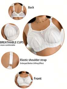 1pc Plus Size Women Minimalist Comfortable Wireless Bra, Mesh Patchwork, Knit Fabric - White - View 5