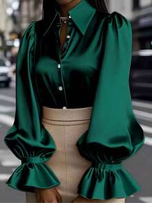 女士缎面纽扣衬衫，长袖V领上衣，灯笼袖宽松休闲办公商务工作上衣，春夏秋季 - 深綠色 - 查看 4