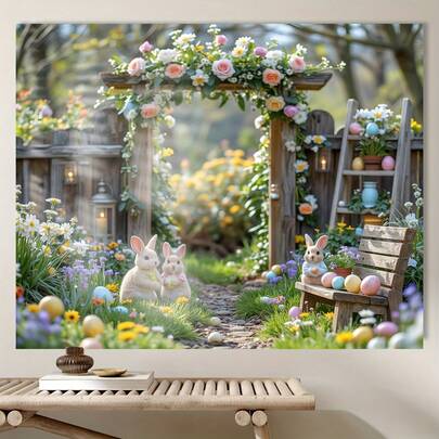 2d Graphic Design, 1 Piece Of Background Cloth Of Easter Bunny And Spring Flower Arch, With 2d Graphic Banner Of Colorful Eggs And Vivid Spring Scenery, Suitable For The Spring Party Background Of Easter Egg Hunting Baby Shower. Various Styles And Sizes Are Available.