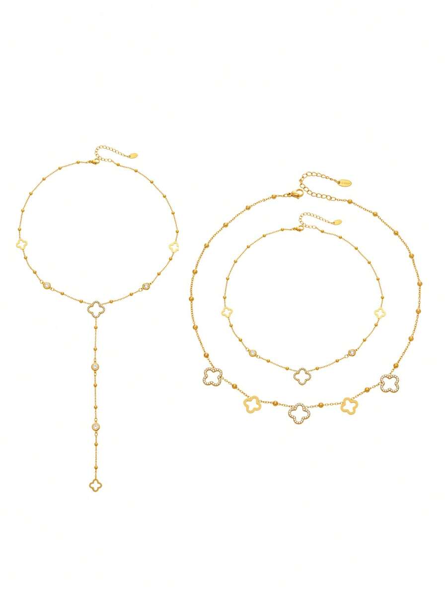 1件全镶钻镂空四叶花珠流苏Y型项链，18K镀金时尚奢华珠宝 - 花朵項鍊 - 查看 1