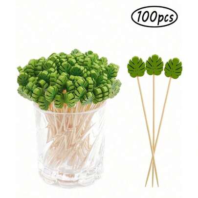 100pcs,Disposable Bamboo Picks Tropical Leaves Food Fruit Cocktail Handmade Toothpicks , Toothpicks, Cocktail Art Fruit Forks, Party Supplies, Holiday Decor, Table Decor,Wedding Party Cake Dessert Bamboo Skewers