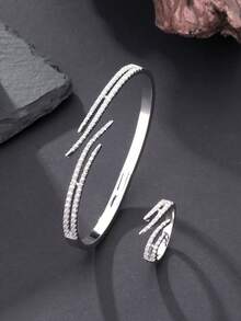 一套两件装奢华闪亮锆石镶嵌天然树枝开口戒指和手链套装，适合日常、派对、婚礼、夏季、开斋节/宰牲节等场合佩戴，是馈赠佳品。 - 鋯石滿鑲枝條 - 查看 6