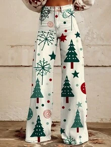 Women's Full-Body Christmas Print Wide Leg Jeans - Slim-Fit Cowgirl Pants With 3D Holiday Print, Wide-Stance For All-Season Wear, Machine Washable (Style 191) - Elegant For S - Multicolor - View 2