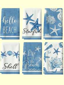 6pcs Set Modern Cartoon Ocean Theme Kitchen Towels, Soft Polyester Dish Cloths, Starfish & Shell Design, Machine Washable, Rectangular Hand Towels, Suitable For Beach Party Supplies - Multicolor - View 1