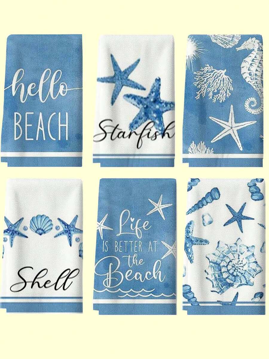 6pcs Set Modern Cartoon Ocean Theme Kitchen Towels, Soft Polyester Dish Cloths, Starfish & Shell Design, Machine Washable, Rectangular Hand Towels, Suitable For Beach Party Supplies - Multicolor - View 1