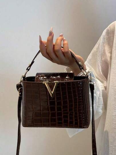 Fashionable Mini Solid Color Minimalist Metal Lock Decor Waterproof PU Tote Bag, Suitable For Shopping, Carrying, Young Women, College Students, Young Professionals, Office Ladies. Perfect For Office, University, Work, Business, Commuting, Outdoor Activities, Travel And Short Trips.