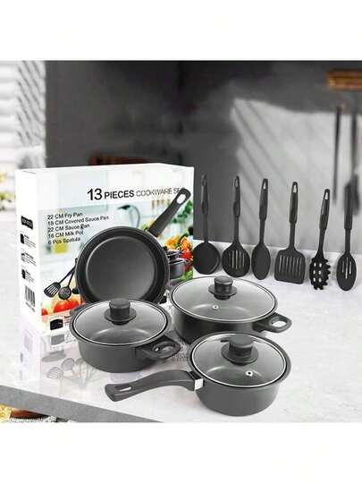 13pcs/Set Nonstick Cookware Set With Lids, Includes Saucepan, Milk Pot, Frying Pan, Spatula, Marble Coating Pots And Pans