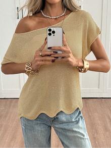 Suéter holgado de punto sólido con lentejuelas brillantes de estilo Y2K casual y lindo para mujer, con cuello asimétrico sexy para primavera/verano, uso diario, citas, calle - Dorado - Ver 5
