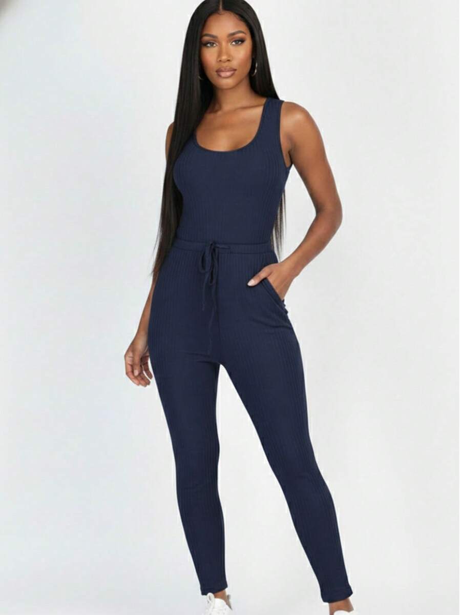 Women's Solid Color Rib Knit Sleeveless Drawstring Jumpsuit For Spring Summer - 海軍 - 查看 1