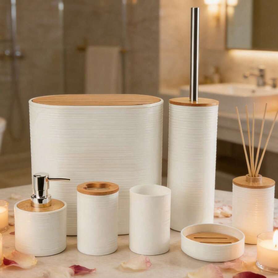 4件/6件套现代简约浴室配件套装，条纹竹盖浴室梳妆台套装，塑料和竹制浴室用品，包括皂液器、牙刷架、漱口杯、皂碟、马桶刷、垃圾桶。浴室台面梳妆台套装，浴室必备品，浴室装饰，适合作为乔迁、节日、生日礼物。 - 白色 - 查看 1