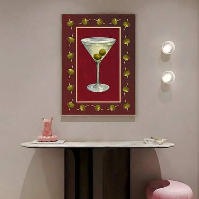 1pc Framed/Unframed Dirty Martini Olive Canvas Poster Vintage Red Bar Cart Wall Art Print Kitchen Drinks Maximalist Decor Retro Painting For Apartment,Living Room,Bedroom,Modern Home Decoration