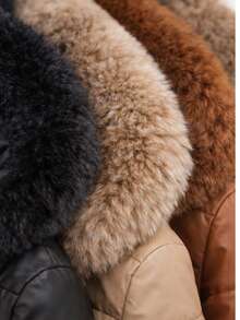 Women's Stylish Comfortable Faux Leather Puffer Jacket With Fleece Hood - Premium Winter - 黑色 - 查看 5