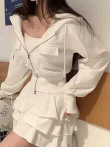 女士紧身拉链叠穿上衣，设计细节精美，长袖外套，春秋季 - 白色 - 查看 3