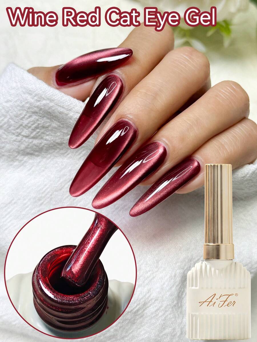 AiFer 1瓶15毫升水晶猫眼磁性凝胶指甲油，酒红色猫眼凝胶指甲油，可卸UV LED凝胶，适合四季美甲设计。