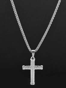 1 pieza Collar con colgante de cruz texturizado de acero inoxidable, collar versátil y de moda para hombres - Plateado - Ver 2