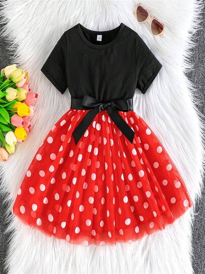 Girls' Black & Red Contrast Bow Tie Waist Short Sleeve Polka Dot Mesh Overlay Dress, Cute Daily Wear