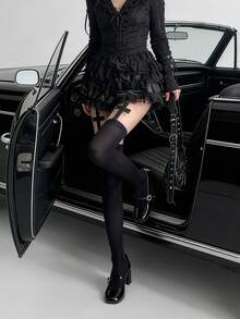 1双Y2K风格交叉印花过膝长筒袜，性感迷人的黑色丝袜，适合日常穿着、派对、约会之夜 - 彩色 - 查看 3