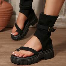 Women's Fashion Thick Sole Peep Toe Round Toe Hollow Buckle High-Top Sandals With Back Zipper - Black - View 2
