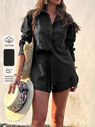 PoPoHouse Women's Two Pieces - Cotton Solid Color Casual Elegant Pocket Long Sleeve Lapel Shirt Tops And Loose Shorts Suit , Fit For Daily Commuter Casual Travel Vacation, Spring/Summer Casual Outfits Women