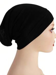 2pcs Women Scarf Tie Headband Set, Versatile Underlay Cap Combo, Hijab Middle East Abaya Accessory, Elastic Underlay Cap & Chiffon Scarf Set, Casual Outfit - Black - View 6