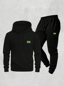 Men's Hoodie And Jogger Pants Set With Brazilian Flag Print, Casual, Minimalist, Sporty, Long Sleeves, Kangaroo Pocket, Comfortable For Autumn/Winter - màu đen - Xem 1