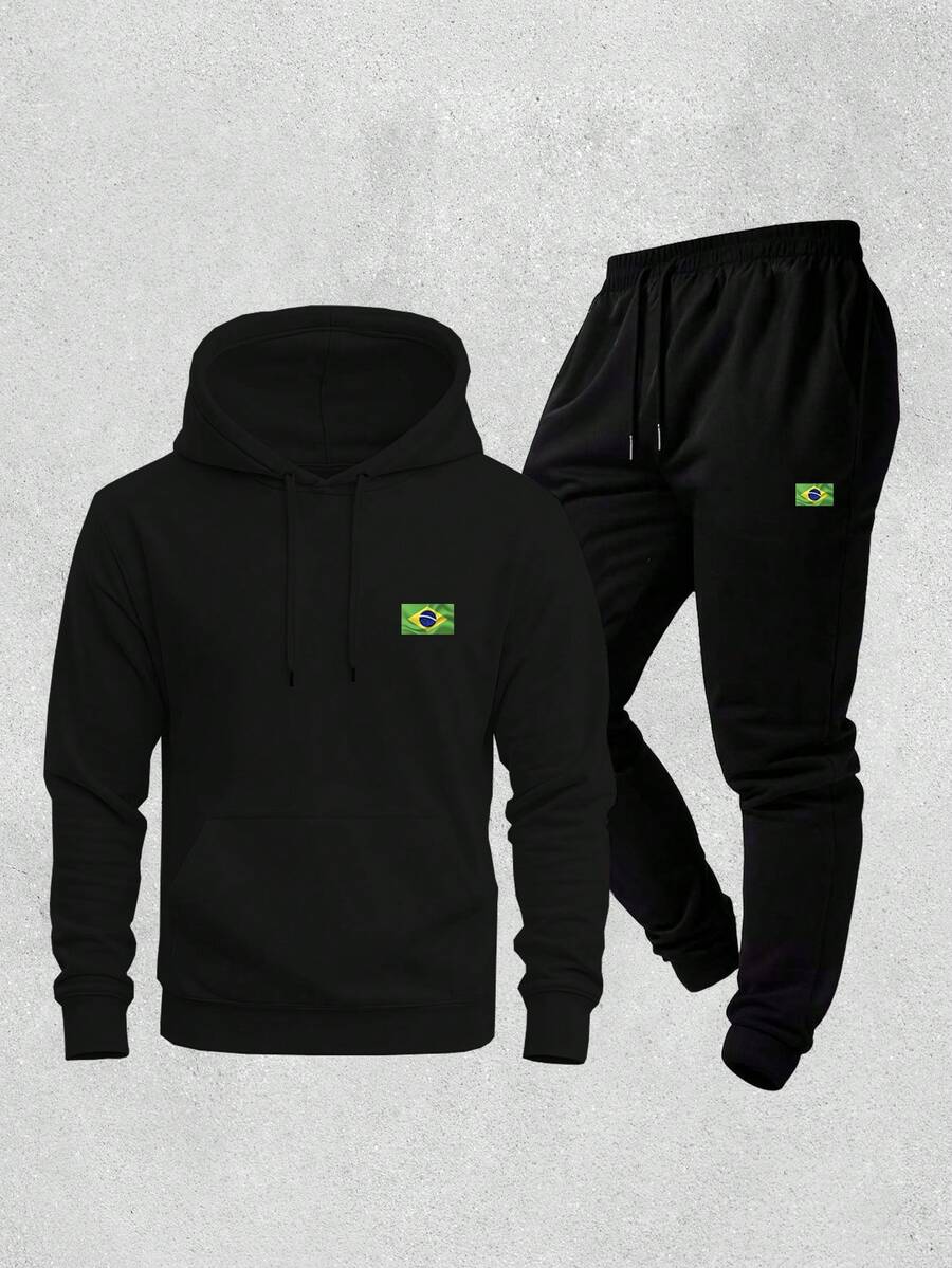 Men's Hoodie And Jogger Pants Set With Brazilian Flag Print, Casual, Minimalist, Sporty, Long Sleeves, Kangaroo Pocket, Comfortable For Autumn/Winter - màu đen - Xem 1