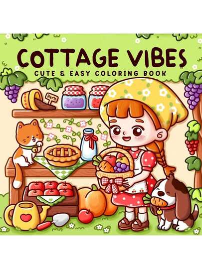 1PC Cottage Vibes: Coloring Book For Adults And Teens, Easy Designs Of Cute Cottages, Village Corners, And Cozy Family Moments For Stress Relief For The Back-To-School Season