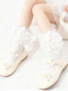 1双洛丽塔多层蕾丝法式中筒袜，白色/黑色蝴蝶结堆袜，芭蕾舞风格日式JK小腿袜 - 彩色 - 查看 3