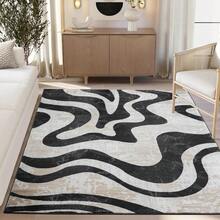 Beige Black Swirl Modern Area Rug – Contemporary Abstract Design  Non-Shedding, Fade-Resistant, Easy To Clean – Durable For High Traffic Areas – Living Room & Bedroom, Modern Abstract Art Carpet 84*60inch/31*20inch,Perfect Choice For Gift ,Stylish And High-Quality Rugs, Perfect For  Decorations And GiftsHome Decor, The Best Choice For Gothic-Style Birthday Gifts - 黑色 - 查看 1